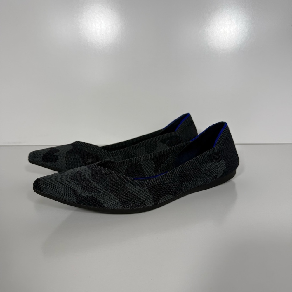 Rothy's Black Camo Pointed Knit Flats with Blue Trim